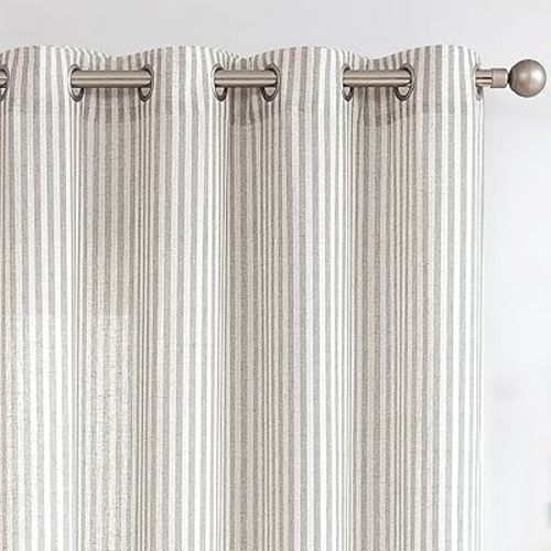 Vangao Linen Stripe Grey Curtains Tickingstripe Light Filtering Window Curtains Printed on Beige Drapes 84 Inches Long for Living Room Bedroom Grommet Top 2 Panels