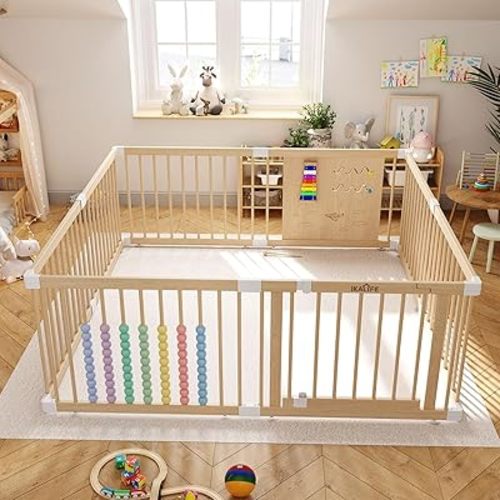 Large Wooden Baby Playpen (8/10 Panel) Shape & Size Adjustable Playpen for Babies and Toddlers, Baby Fence Baby Play Yard with Door, Baby Gate Play Pen for Kids Activity Center 63.5”×63.5”