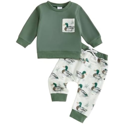 Toddler Baby Boy Hunting Outfit Mallard Duck Long Sleeve Crewneck Sweatshirt and Pants Set 2Pcs Infant Fall Clothes