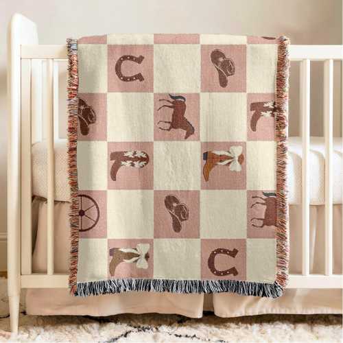 Cowgirl Baby Blanket Girls Western Nursery Decoration Pink Checker Blanket Personal Baby Shower Gift Newborn Keepsake Gift For Granddaughter
