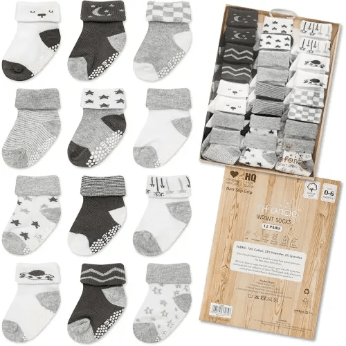 Baby Socks 12 Pairs - Non-Slip Infant Grip for Newborns & Toddlers 0-6 Months, Boys & Girls, Safe for Walking