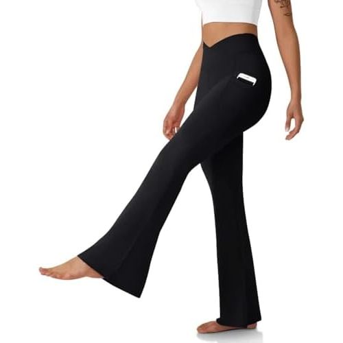 Women's Flare Leggings with Pockets-Crossover High Waisted Bootcut Yoga Pants-Tummy Control Bell Bottom Leggings