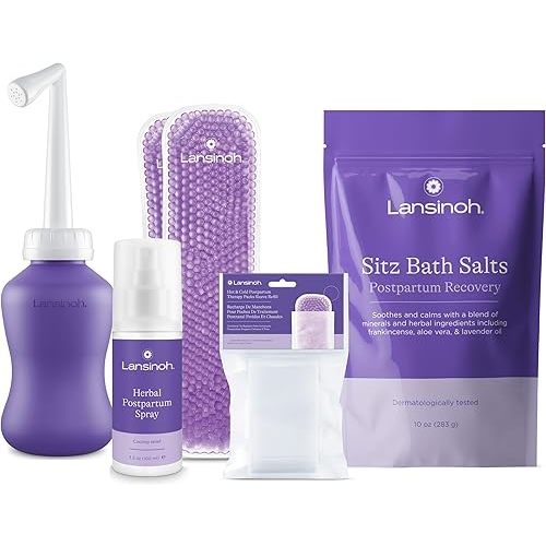 Lansinoh Postpartum Essentials Kit + Sitz Bath Salts, Postpartum Essentials, Postpartum Care Kit for Mom, Soothing & Calming Epsom Salts with Lavender Oil, Frankincense & Aloe Vera