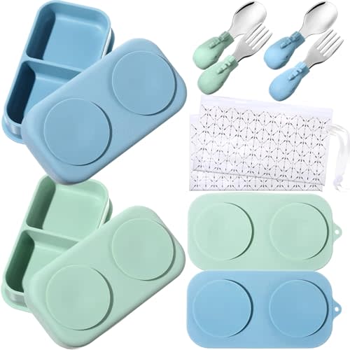 Uiifan 2 Pack Baby Suction Plate Set Silicone Suction Plate with Lid Divided Bowls for Portable Toddler Utensils Compact for Self Feeding Baby Travel Essential(Blue, Sage Green)
