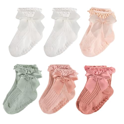 Baby Socks Baby Girl Non Slip Grip Ruffle Socks with Bows Soft Cotton Toddler Girl Sock with Grips Newborn Infant