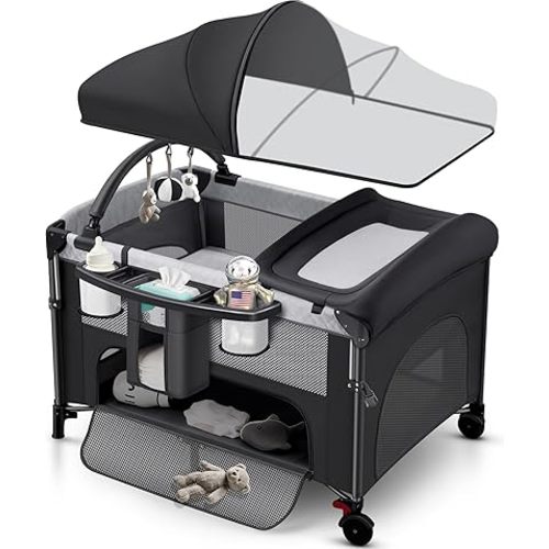 4 in 1 Baby Bassinet Bedside Crib with One-Hand Setup & Waterproof Mattress – ASTM-Certified Pack and Play, Portable Foldable Playard with Diaper Changer for Newborn to Toddler(Black)