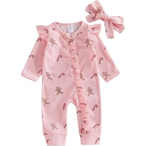 Omkzanbi Baby Girl Boy Christmas Outfit Gingerbread Man Jumpsuit Candy Cane Bodysuit Bow Neutral Fall Winter One Piece Romper