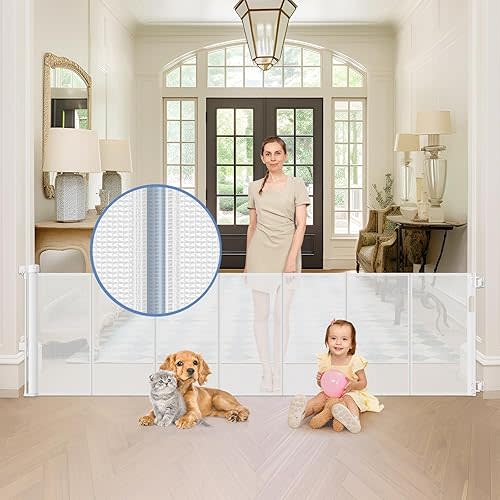 Reinforced 90 Inch Wide Retractable Baby Gates for Doorways Extra Wide Outdoor Retractable Gate for Dogs Reinforced Bottom to Prevent Crawling Through Mesh Baby Gate Long Dog Gates Indoor Extra Long