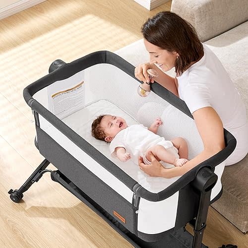 Bassinet Bedside Sleeper - All-Mesh Design, Portable Bedside Bassinet for Baby with Washable Mattress, 5 Adjustable Heights (Black)