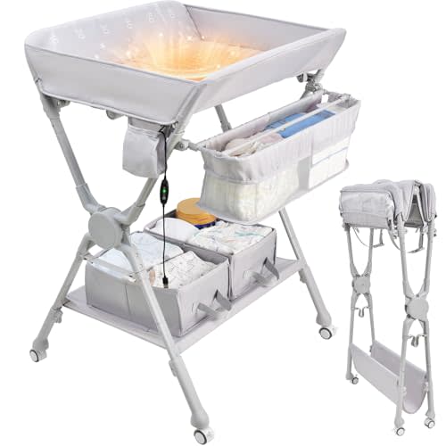 Baby Changing Table, Auto Warmer Portable Folding Changing Table | with Wheels, Diaper Changing Station with 2 Drawers, Adjustable Height, Baby Changing Station for Infant (0-12Months)