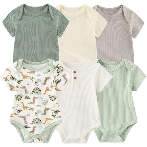 Baby Bodysuit 6 Pack Soft Mixed Ribbed Short Sleeve Romper Infant Boy Girl Clothes Set