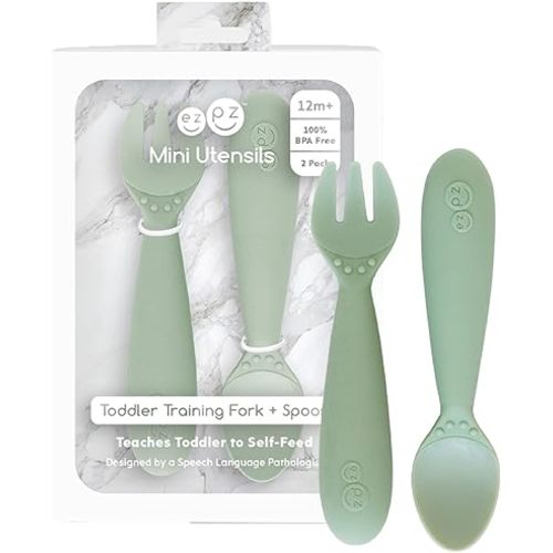 ezpz Mini Utensils - 12 Months+ (Fork & Spoon in Sage) - 100% BPA Free Fork and Spoon - Toddler Utensils - Designed by a Pediatric Feeding Specialist