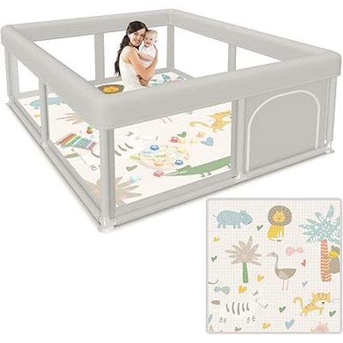 Baby Playpen 50x50 Inch Baby Playpen with Mat, Play Pen for Babies and Toddlers, Playard with Gate, Sturdy Safety Fence, Indoor & Outdoor Kids Activity Center