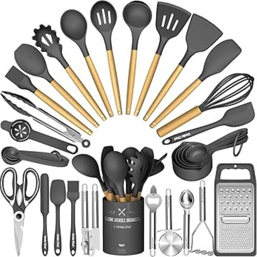 Umite Chef Silicone Kitchen Utensil Set, 34PCS Heat Resistant Kitchen Gadgets and Tools With Grater, Wood Handles for Nonstick Cookware (Dark Gray)