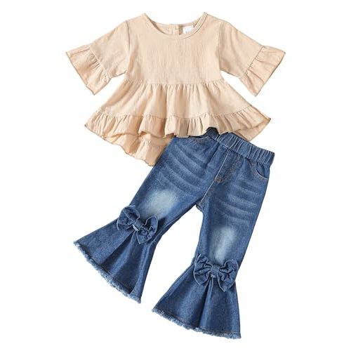 Kucnuzki Toddler Baby Girls Clothes Short Sleeve Shirt Top Flare Denim Jeans 2 Piece Outfits For Girls Cute Clothing Set