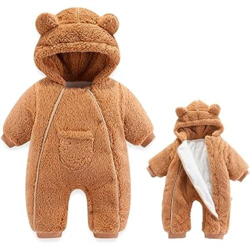 Newborn Baby Bear Onesie Outfit Suit Girls Boys Fleece Jumpsuit Romper Hooded Coat Winter Clothes Outwear Snowsuit