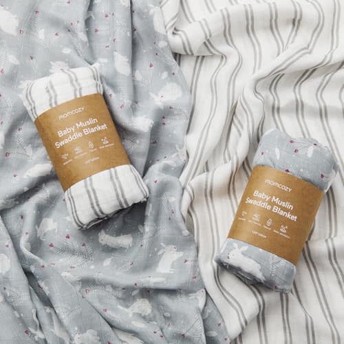 Momcozy Muslin Swaddle Blankets, Ultra Soft Neutral Swaddle Blanket, Cotton & Breathable Bamboo Derived from Viscose, Large Baby Infant Newborn Boys Girls Swaddling Receiving Blanket, Lively Rabbit