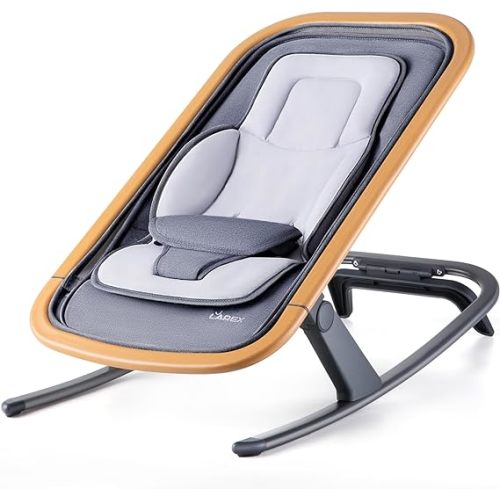 Baby Bouncer, Portable Bouncer Seat for Babies Newborn Bouncer Seat with 3-Point Harness, Ergonomic Design Baby Rocker Infants Bouncy Seat with Mesh Fabric Wood Grain
