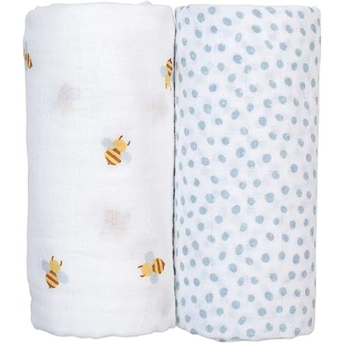 lulujo Baby Swaddle Blankets | Unisex Softest Breathable Cotton Muslin Swaddle Blanket Set | Neutral Receiving Blanket for Girls & Boys | 40in x 40in | Bees & Dots | 2-Count