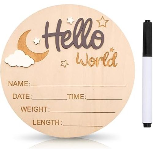 Baby Announcement Sign, 5.9 Inch Wooden Hello World Newborn Signs, Birth Announcement Sign and Pen, Moon and White Cloud Decoration, Welcome Newborn Arrival to World, Hospital Nursery for baby (Brown)