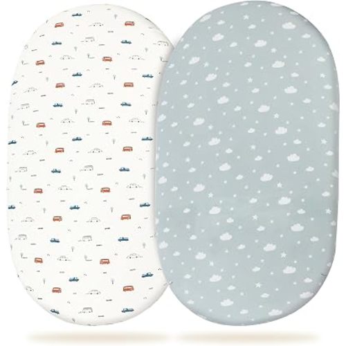 Insular Baby Bassinet Sheets for Boys Girls, Universal Fitted 100% Cotton Bassinet Sheet 2 Pack for Standard and Toddler Mattress, Breathable Soft, Car&Cloud