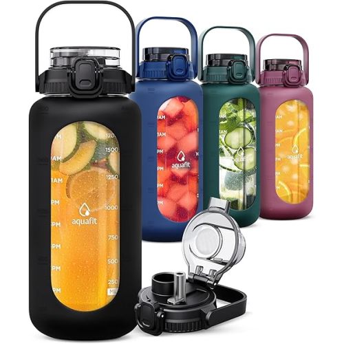 AQUAFIT Glass Water Bottles 64 Oz with Time Marker - 2in1 Straw and Chug Lid - Half Gallon Water Bottle with Silicone Sleeve and Handle, Leakproof Water Bottle (64 oz - 2in1 Lid, Midnight Black)