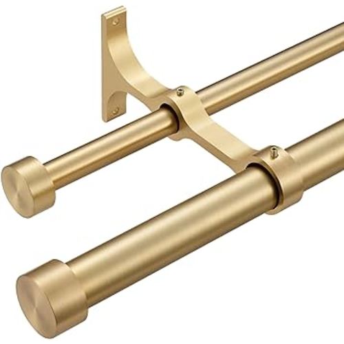 Double Curtain Rods with Aluminum End Cap and Full Surround Brackets,1"Front and 5/8" Back Rod,Adjustable between 36 to 72 Inches (3-6 Feet), Warm Gold Double Window Drapery Rod