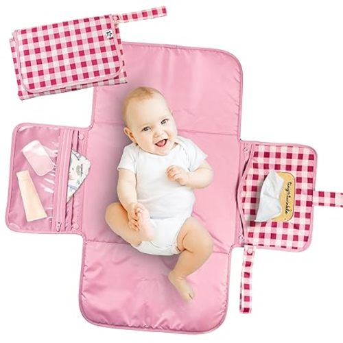 Tiny Twinkle Portable Diaper Changing Pad | Waterproof, Wipeable & Compact Baby Changing Pad for Travel | Smart Wipes Pocket & Organized Storage| Newborn Shower Gift (Raspberry Gingham)