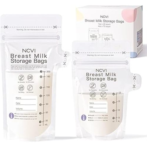 NCVI 4+7 oz Breastmilk Storage Bag Freezer for 0-3 Months, Breast Milk Feeding Bag with Temp-Sensing, Doubled-Sealed, Self Standing, Easy Pour Spout, BPA-Free, 4oz(70count)+7oz(30count)