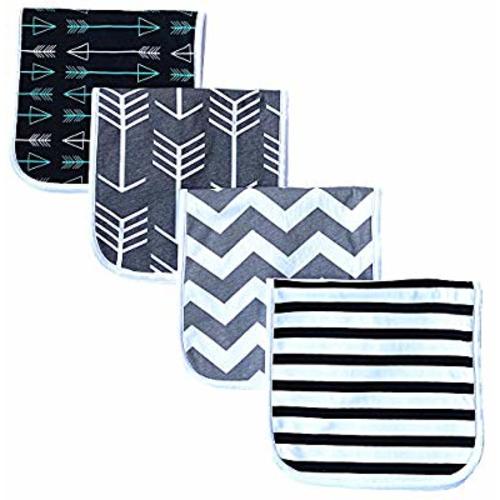 Burp Cloths for Babies, Grey Wave Black Stripes Arrows Set, 20” by 10”, 3 Layers, Cotton and Absorbent Fleece, 4 Pack
