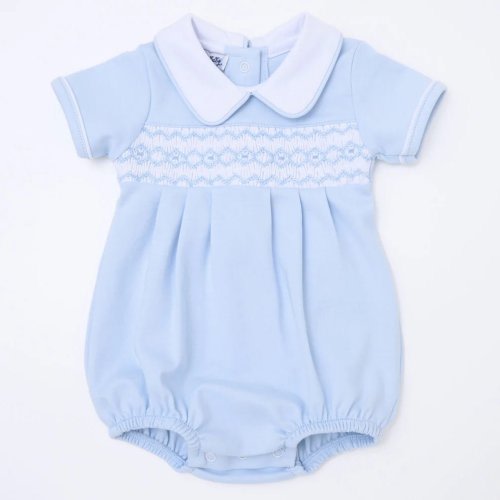 Magnolia Baby Hazel and Hudson Smocked Collared Bubble Light Blue