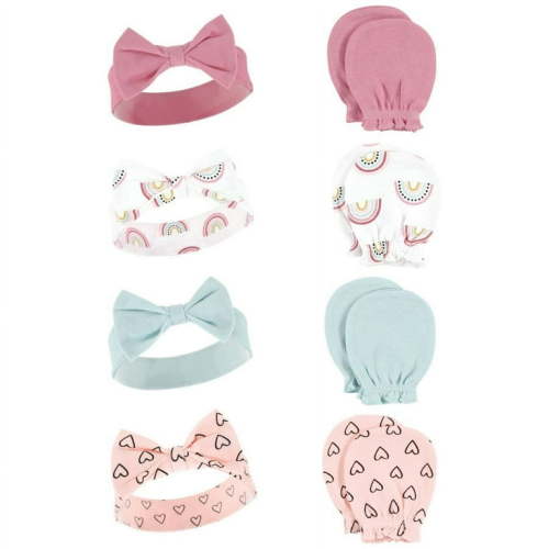 Hudson Baby Infant Girl Cotton Headband and Scratch Mitten Set, Modern Rainbow, 0-6 Months