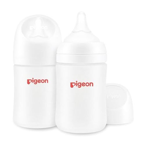 Pigeon Silicone Coating (Glass Inside/Silicone Outside) Baby Bottle, Wide Neck, Streamlined Body, Natural Feel, Easy to Clean, Heat-Resistant, 5 Oz (Pack of 2), Includes 2 pcs SS Nipples (0m+)