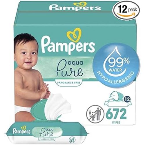 Pampers Baby Wipes Aqua Pure, 99% water-based wipes, Hypoallergenic and Unscented Baby Wipes, 672 Wipes Total (12 Flip-Top Packs)