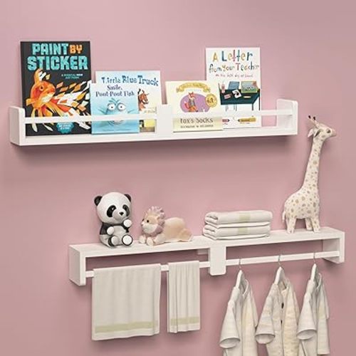 32 Inch White Nursery Book shelves, Floating Shelves Set of 2, Wall Mounted Hanging Shelves for Kids Room Wall, White Wall Shelves, Baby Book Shelves for Kids Bedroom Decor Organizer - White