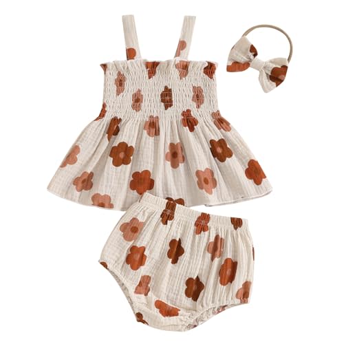 Kayotuas Baby Girl Summer Clothes Cute Floral Smocked Sleeveless Tank Top Bloomber Shorts with Bow Headband Casual Outfit Set
