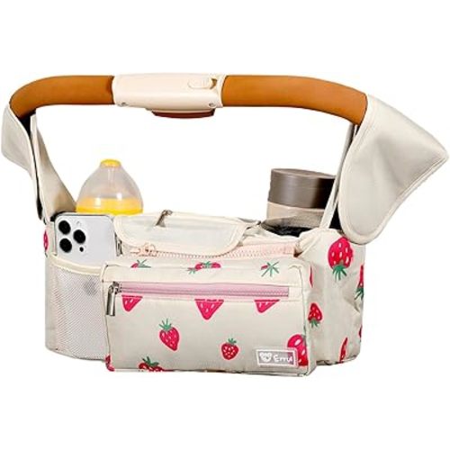 Universal Stroller Organizer with Insulated Cup Holders and Detachable Phone Bag,Stroller Caddy Fits for Stroller Accessories like Uppababy, Baby Jogger, Doona, Nuna Stroller (strawberry)