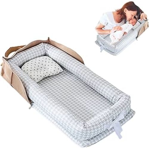 Baby Lounger for Newborn Portable Bag,Baby Nest Co Sleeping for Baby in Bed with Pillow,Newborn Lounger Adjustable Size & Strong Zipper Lengthen Space to 24 Months(Gray Thousand Bird Check)