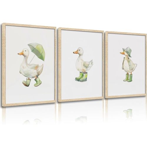 3Pcs Baby Animal Nursery Wall Art Funny Green Rain Gear Duck Painting Picture Wall Decor This Set of 3 Happy Ducks Wearing Green Boots Poster Print Artwork for Kids Boys Room Bedroom Decorate,Unframed