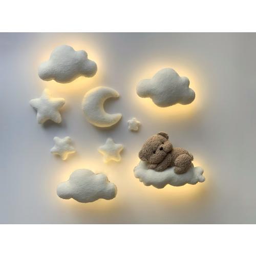 Cloud walls decor nursery light set , Handmade Bouclé Wall Decor with Teddy Bear, Moon, Clouds, and Stars – Soft Night Light for Nursery