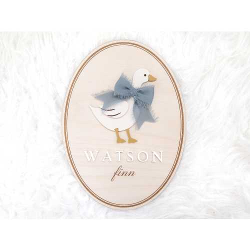 Goose bow baby name announcement sign | custom newborn name plate | personalized birth announcement for hospital | ribbon lace wood sign