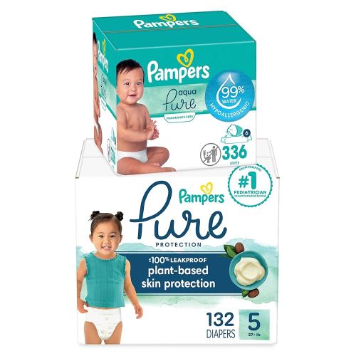 Pampers Pure Protection Disposable Baby Diapers Size 5, 132 Count with Aqua Pure Baby Wipes, 6X Pop-Top Packs (336 Count)