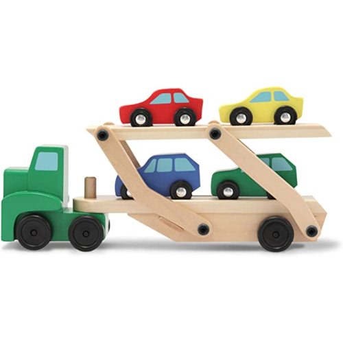 Melissa & Doug Car Carrier Truck and Cars Wooden Toy Set With 1 Truck and 4 Cars - Vehicle Toys, Push And Go Wooden Trucks For Toddlers And Kids Ages 3+