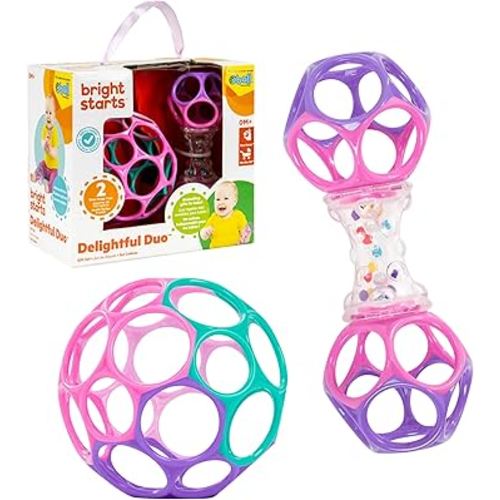 Bright Starts Delightful Duo 2-Pack Gift Set with Easy-Grasp Oball Rattles, Pink, Baby Toys for Newborn and Up