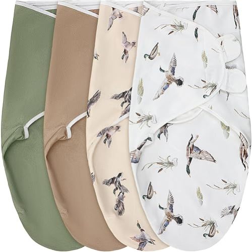 CroBlissful 4 Pack Mallard Duck Swaddles for Newborns Cotton Adjustable Sleep Swaddle for 0-3 Months Infant Baby Boys Girls Breathable Soft Newborn Wrap Wearable Blanket Improves Sleep(Mallard Duck)
