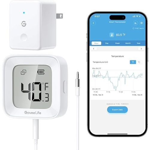 GoveeLife WiFi Refrigerator Thermometer with Alarm, Wireless Digital Freezer Temperature Gauge with App Control, LCD Display, 2 Years Free Data Export, for Fridge Hot Tub (Only Support 2.4G WiFi)