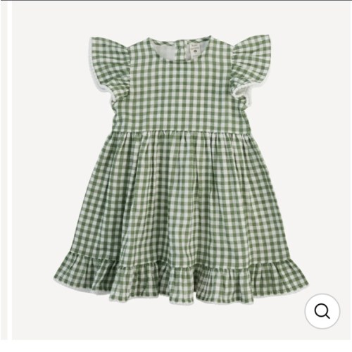 flutter sleeve pom pom pinafore dress | green gingham | organic cotton gauze