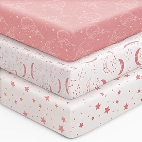 Baby Crib Sheets for Boys Girls, 28x52x8in Fitted Crib Sheet Neutral 3 Pack for Standard Crib and Toddler Mattress, Breathable Soft Microfiber Baby Sheet Pink White Moon