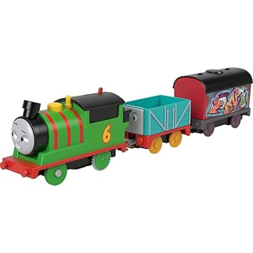 Thomas & Friends Motorized Toy Train Graffiti Percy Battery-Powered Engine with 2 Cargo Cars for Pretend Play Preschool Kids Ages 3+ Years