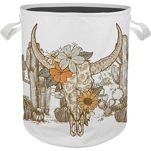 Western Laundry Basket, Vintage Western Floral Bull Skull Laundry Basket Hamper Waterproof Collapsible Storage Bin Organizer for Western Bedroom Bathroom Room Dorm Clothes Toys, Western Decor
